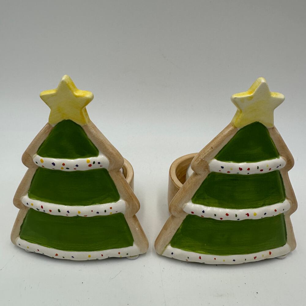 Yankee Candle Green Christmas Tree Tea Light Holder Christmas Decor Set of 2 NEW